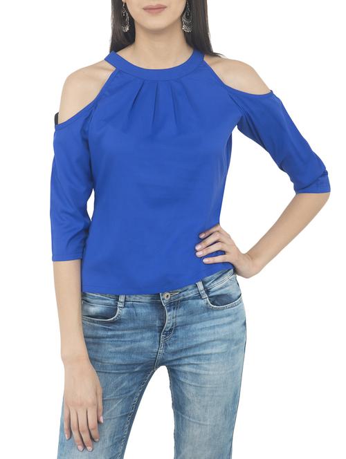 blue solid cold shoulder top - 14893202 - Standard Image - 1