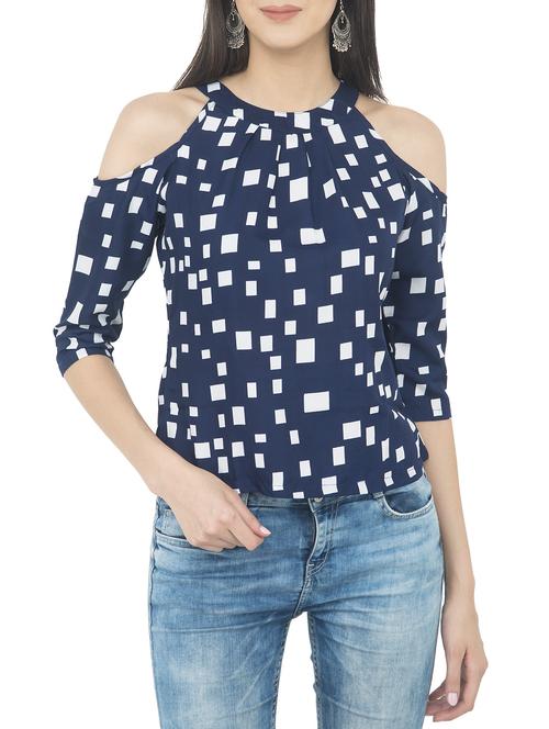 blue printed cold shoulder top - 14893205 - Standard Image - 1