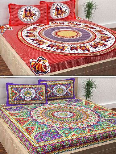 120 TC 100% Cotton Printed 2 Double Bedsheet With 4 Pillow Covers - 14893277 - Very Small Image - 1