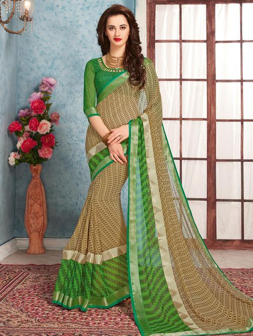 beige georgette printed saree with blouse - 14894047 - Very Small Image - 1