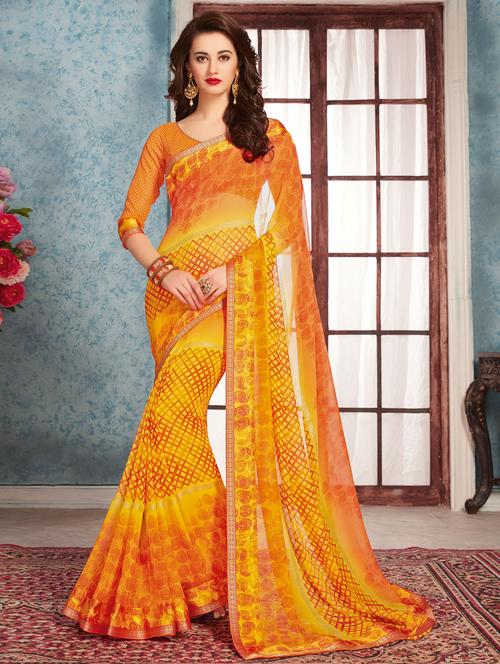 yellow georgette printed saree with blouse - 14894049 - Very Small Image - 1