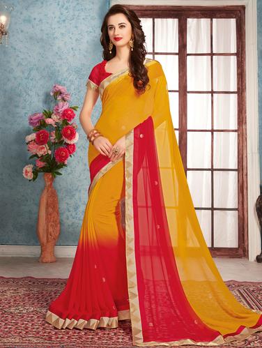 yellow georgette ombre saree with blouse - 14894051 - Very Small Image - 1