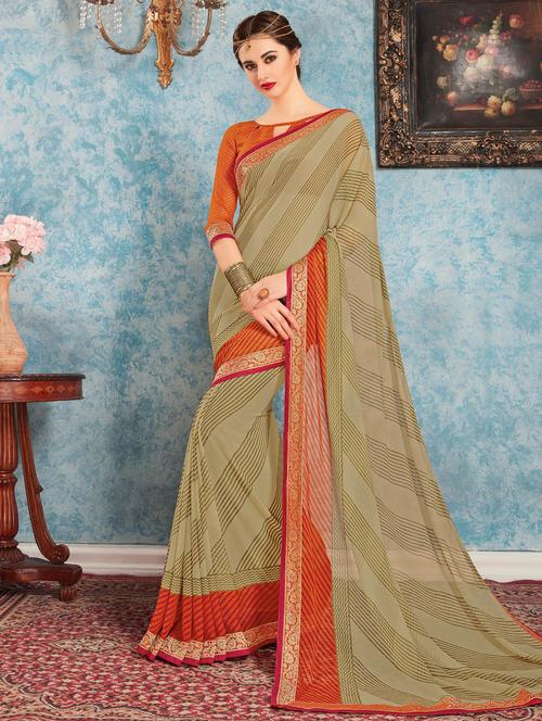 beige georgette printed saree with blouse - 14894052 - Very Small Image - 1