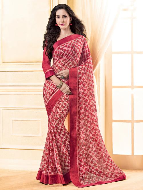 red georgette printed saree with blouse - 14894056 - Very Small Image - 1