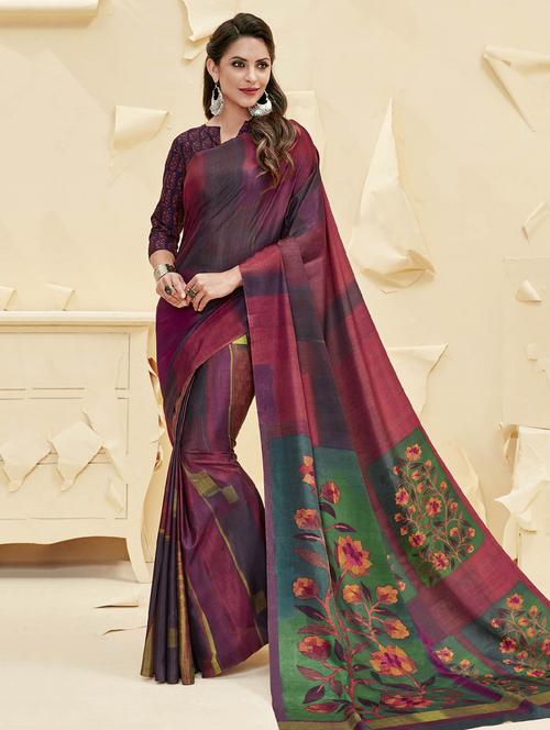 multicolor satin printed saree with blouse - 14894065 - Very Small Image - 1