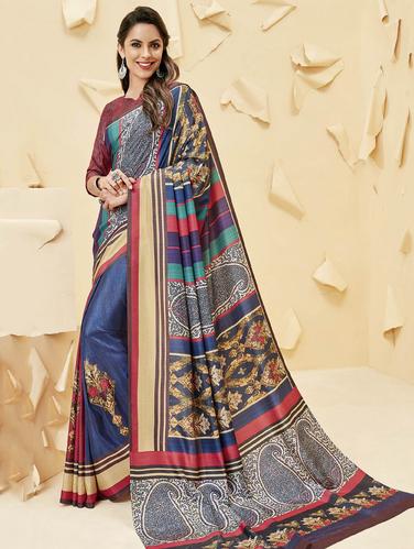 multicolor satin printed saree with blouse - 14894074 - Very Small Image - 1