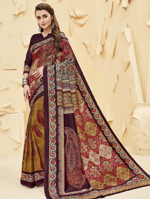 multicolor satin printed saree with blouse - 14894076 - Very Small Image - 1