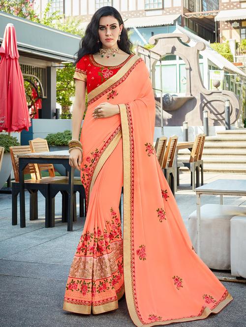 peach satin embroidered saree with blouse - 14894083 - Very Small Image - 1