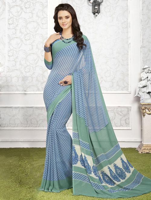 sky blue georgette printed saree with blouse - 14894089 - Very Small Image - 1