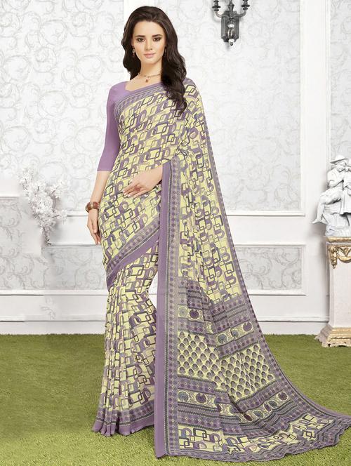 yellow georgette printed saree with blouse - 14894090 - Very Small Image - 1