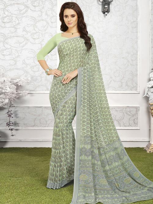green georgette printed saree with blouse - 14894092 - Very Small Image - 1