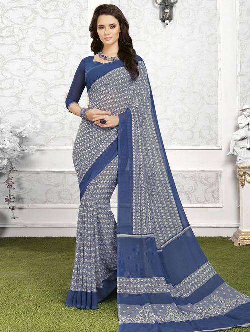grey georgette printed saree with blouse - 14894093 - Very Small Image - 1