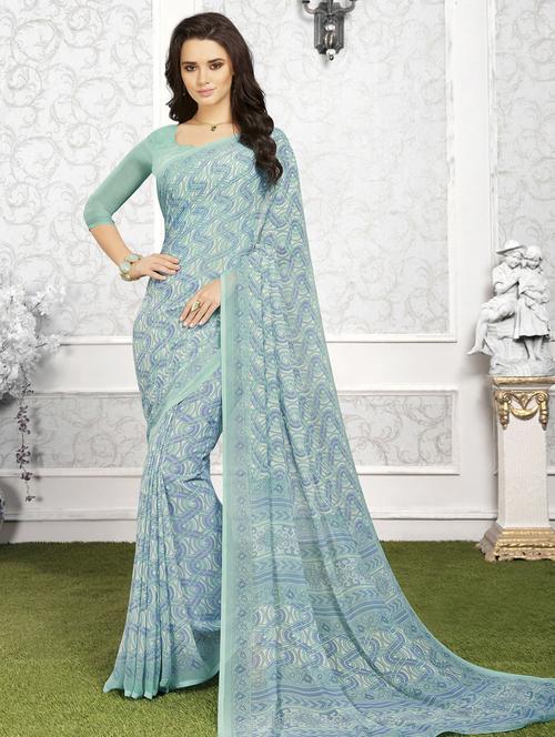 sky blue georgette printed saree with blouse - 14894096 - Very Small Image - 1