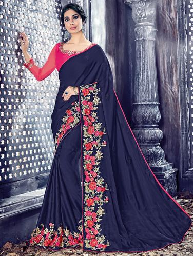 blue satin embroidered saree with blouse - 14894098 - Very Small Image - 1