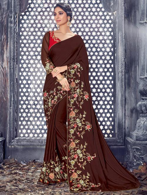 brown silk embroidered saree with blouse - 14894099 - Standard Image - 1