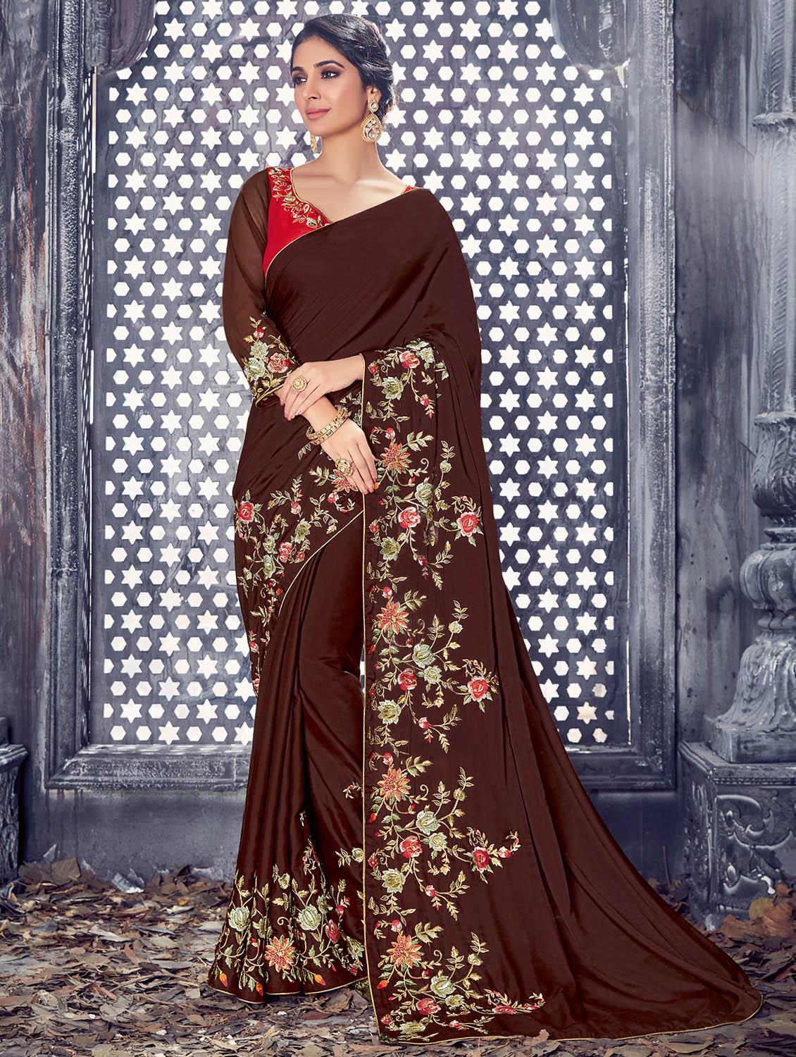 brown silk embroidered saree with blouse