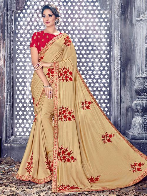 beige art silk embroidered saree with blouse - 14894101 - Very Small Image - 1