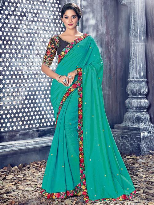 green dupion embellished saree with blouse - 14894102 - Standard Image - 1