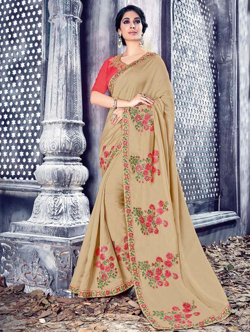 beige art silk embroidered saree with blouse - 14894105 - Very Small Image - 1