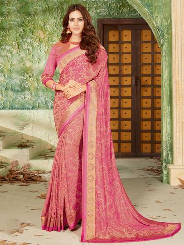 pink silk printed saree with blouse - 14894114 - Very Small Image - 1