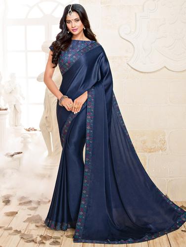blue satin bordered saree with blouse - 14894121 - Very Small Image - 1