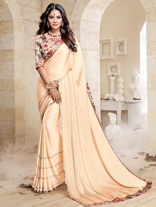 cream satin embellished saree with blouse - 14894126 - Very Small Image - 1