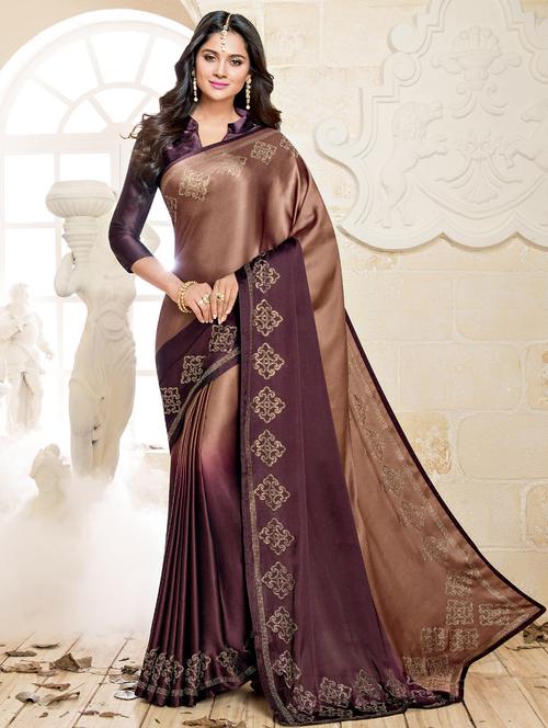 brown satin ombre saree with blouse - 14894128 - Very Small Image - 1