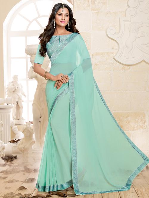 sky blue satin bordered saree with blouse - 14894129 - Very Small Image - 1