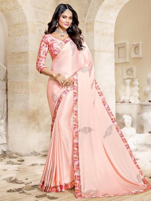 pink satin embellished saree with blouse - 14894131 - Very Small Image - 1