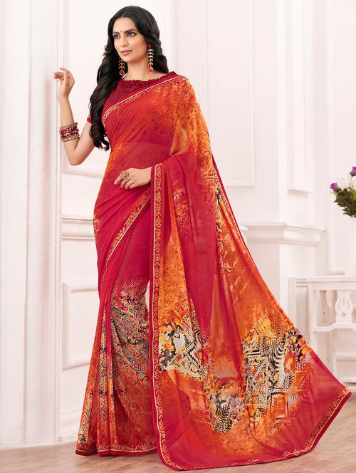 red georgette printed saree with blouse - 14894140 - Very Small Image - 1