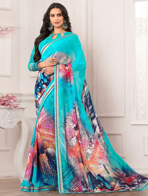sky blue georgette printed saree with blouse - 14894141 - Very Small Image - 1
