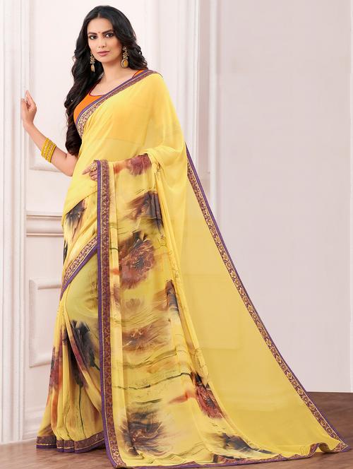 yellow georgette printed saree with blouse - 14894143 - Very Small Image - 1