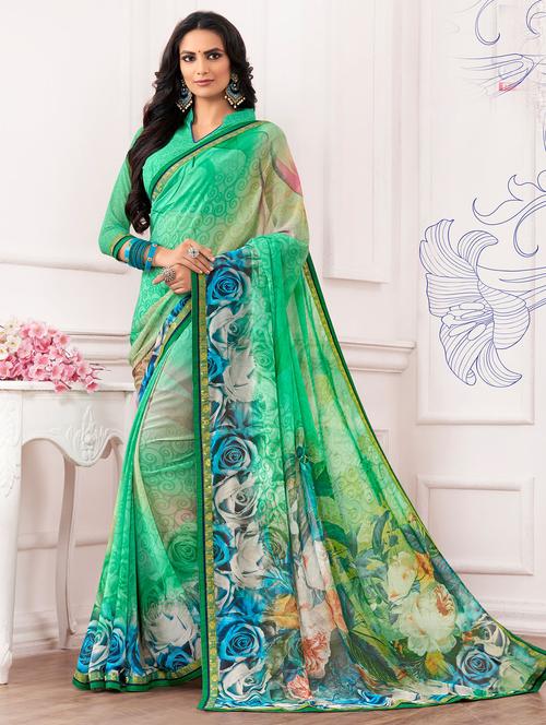green georgette printed saree with blouse - 14894144 - Standard Image - 1