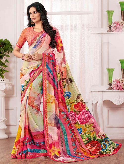 pink georgette printed saree with blouse - 14894145 - Very Small Image - 1