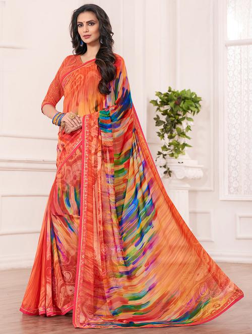 orange georgette printed saree with blouse - 14894148 - Very Small Image - 1