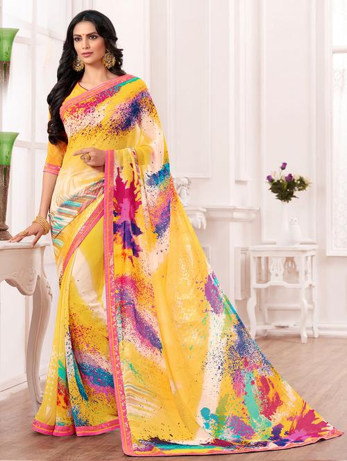 yellow georgette printed saree with blouse - 14894149 - Very Small Image - 1