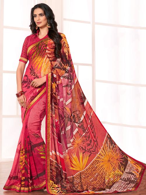 pink georgette printed saree with blouse - 14894152 - Very Small Image - 1