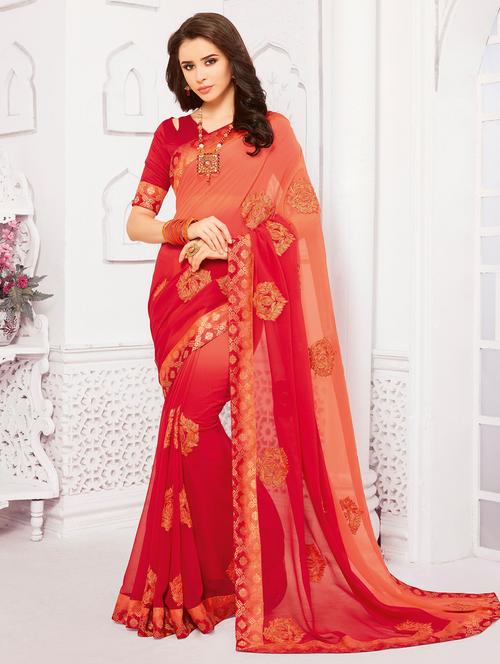 red georgette embroidered saree with blouse - 14894157 - Standard Image - 1