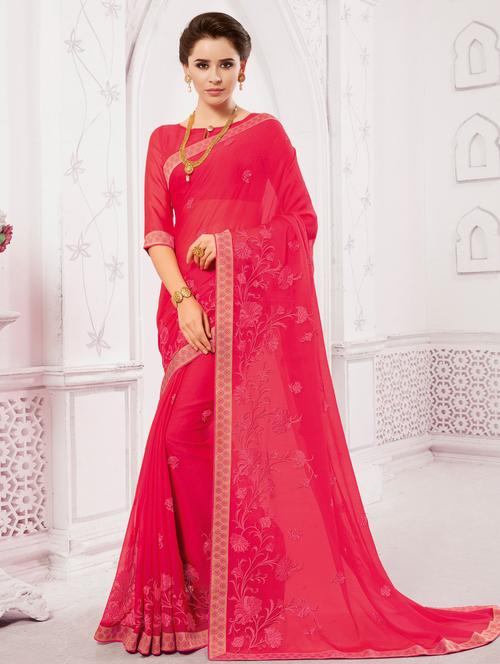 pink georgette embroidered saree with blouse - 14894161 - Standard Image - 1