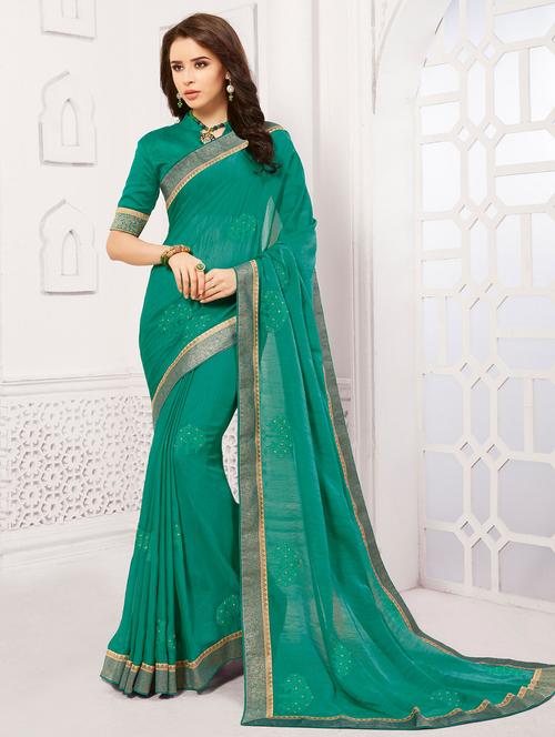 green georgette embroidered saree with blouse - 14894162 - Standard Image - 1