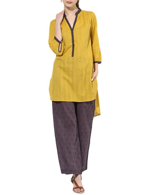 yellow cotton high-low solid kurta - 14894748 - Standard Image - 1