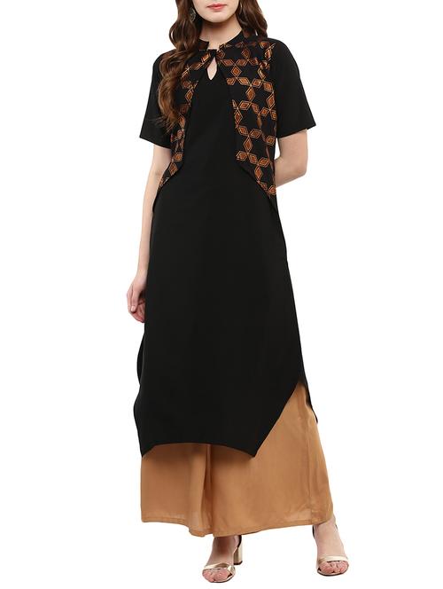 black crepe straight kurta - 14895066 - Standard Image - 1
