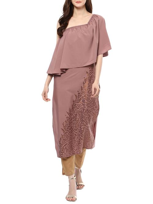 brown crepe one shoulder kurta - 14895092 - Standard Image - 1