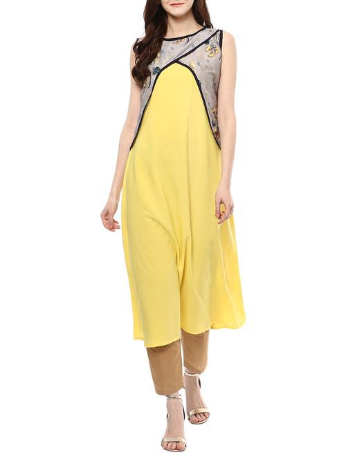 yellow crepe flared kurta - 14895096 - Standard Image - 1