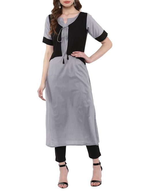 grey cotton straight kurta - 14895100 - Standard Image - 1