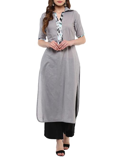 grey cotton straight kurta - 14895102 - Standard Image - 1