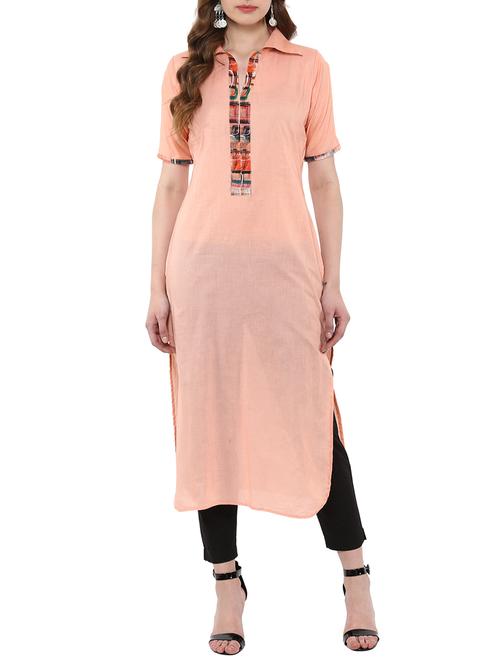 peach cotton straight kurta - 14895104 - Standard Image - 1