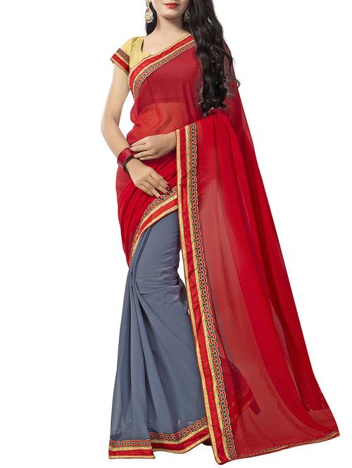 red georgette half and half saree with blouse - 14895238 - Standard Image - 1