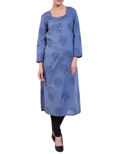 Indigo Cotton Hand Block Printed Kurta - 14895257 - Very Small Image - 1
