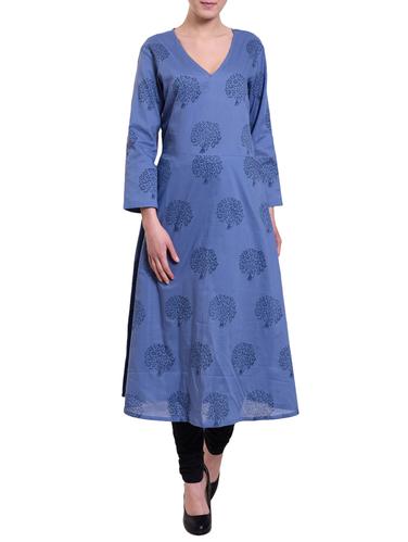 Indigo Cotton Hand Block Printed Kurta - 14895259 - Very Small Image - 1